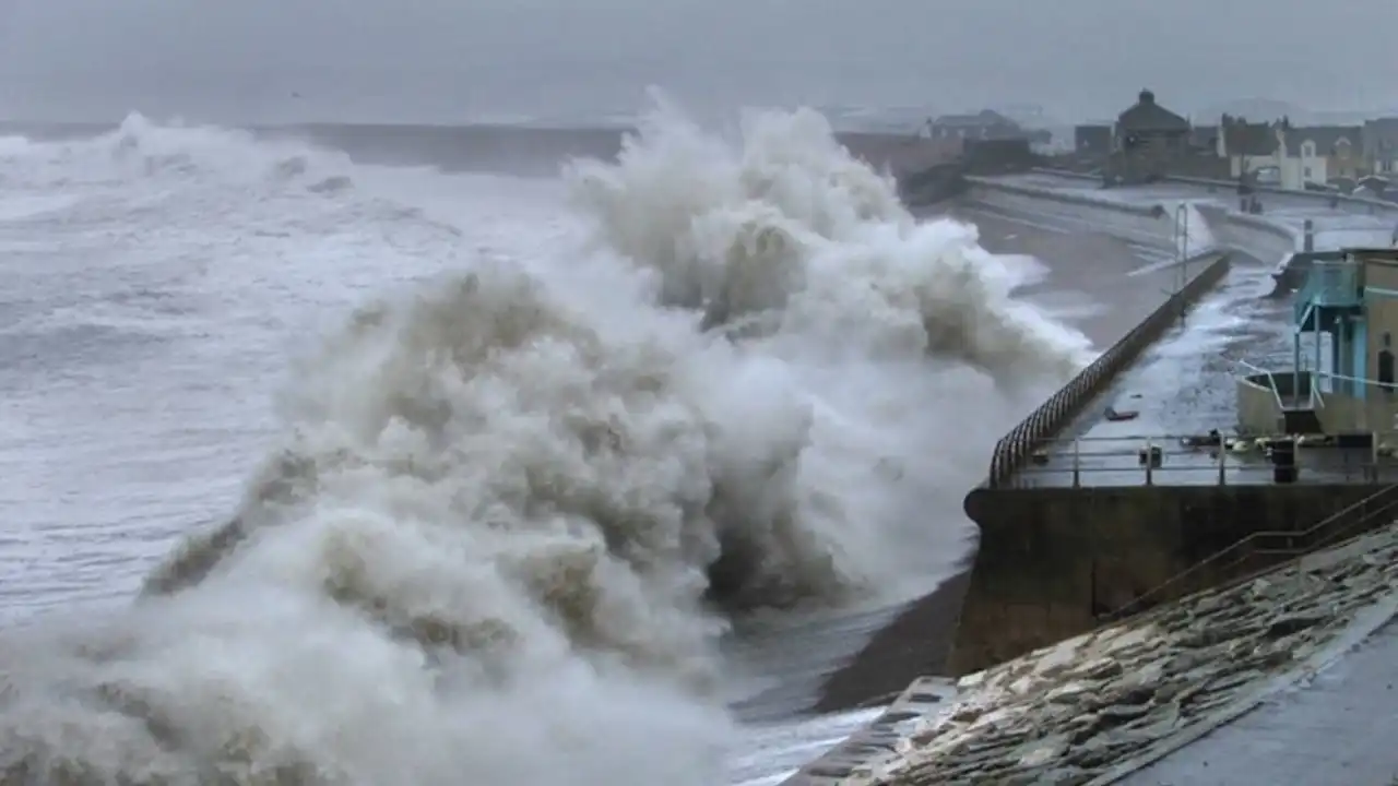Massive storm surge waves crash against a coastal seawall during severe weather, illustrating the impact of coastal flooding 